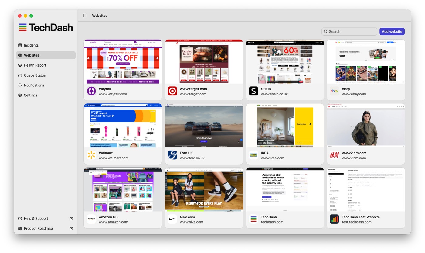 TechDash desktop app showing the Websites screen with monitored site cards
